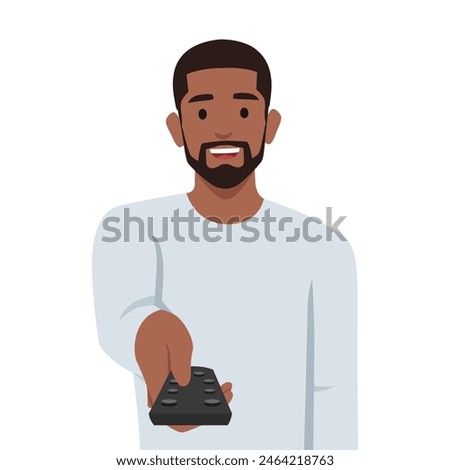 Man holds television remote control switches cable TV channels. Flat vector illustration isolated on white background