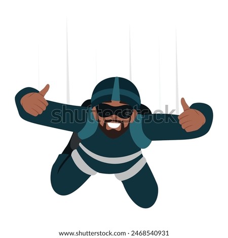 Man skydiver hangs in sky and shows two hands thumbs up after jumping from airplane. Flat vector illustration isolated on white background