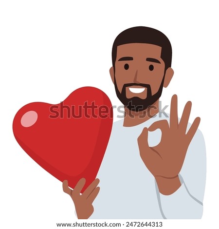 Young man holding big love red heart with ok sign. Flat vector illustration isolated on white background