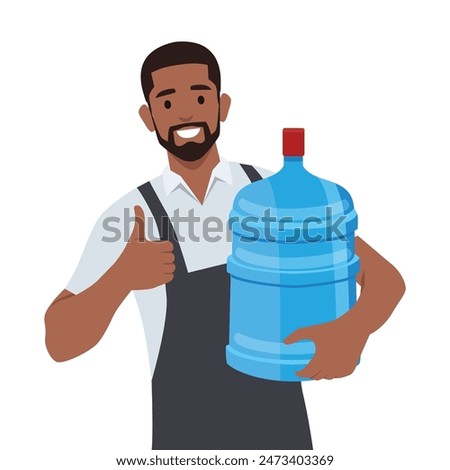 Young water delivery courier holding gallon of water with thumb up. Flat vector illustration isolated on white background