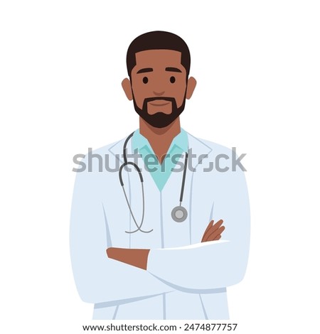 Young doctors in white medical coats standing with arms folded. Flat vector illustration isolated on white background