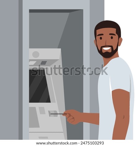 Withdrawing money on atm. Young man standing entering pincode on atm machine for getting money cash. Flat vector illustration isolated on white background