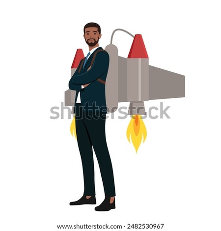 Young cheerful businessman flying off with jet pack. Flat vector illustration isolated on white background