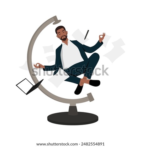 Young bearded businessman executive in nice suit meditating and levitating. Flat vector illustration isolated on white background