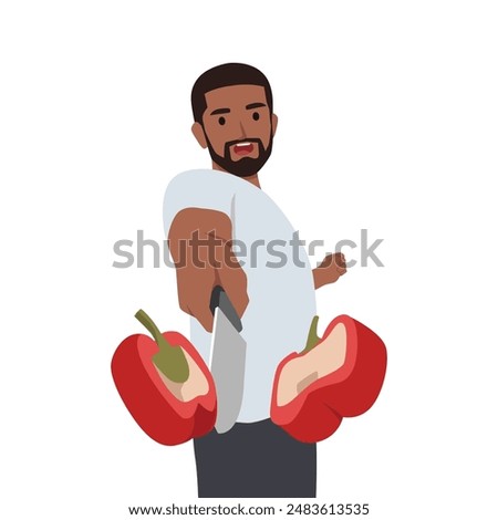 Midsection of bearded man cutting bell peppers with knife and style. Flat vector illustration isolated on white background