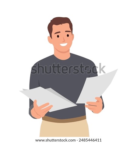 Young man looking through paper documents. Flat vector illustration isolated on white background