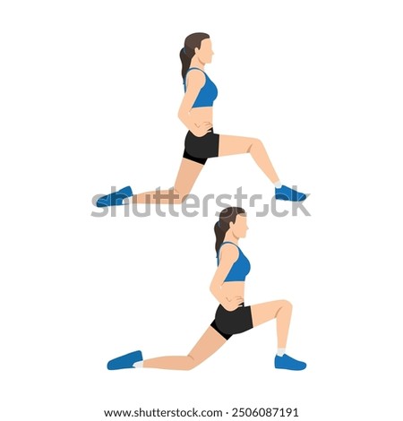 Woman doing hip flexor stretch exercise. Flat vector illustration isolated on white background