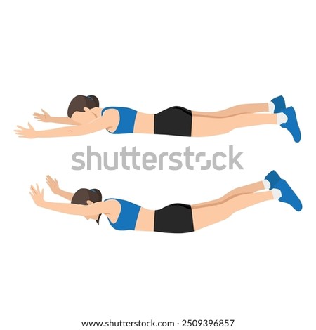 Woman doing back extension exercise or Cobra lift. Flat vector illustration isolated on white background