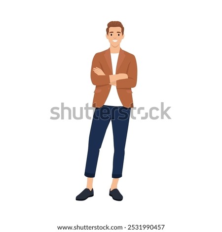 Businessman standing with folded arms pose. Flat vector illustration isolated on white background