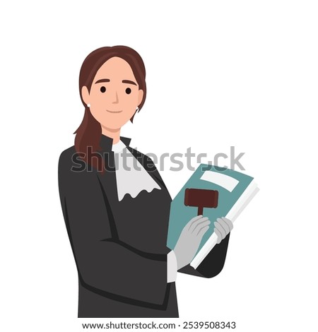 Woman judge with books and scales of justice. Flat vector illustration isolated on white background