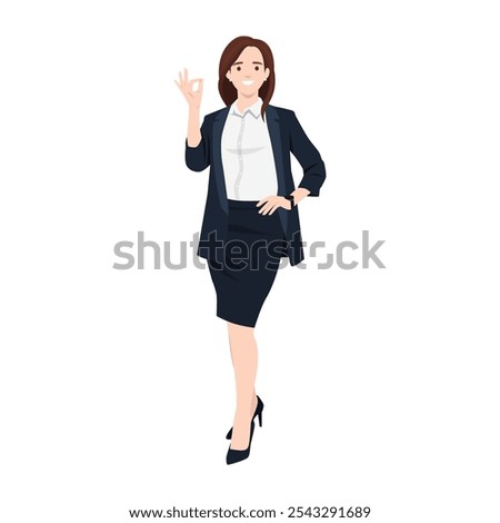 Young business woman gesturing ok sign. Flat vector illustration isolated on white background