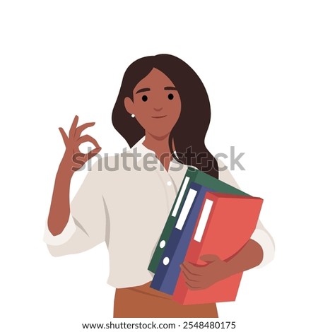 Young business woman gesturing ok sign. Flat vector illustration isolated on white background