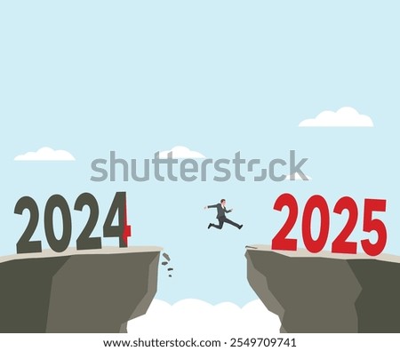 Young man jump between 2024 and 2025 years. Flat vector illustration isolated on white background