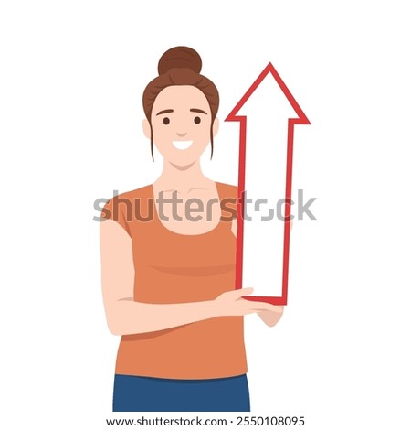 Young woman holding a red arrow pointing upwards. Flat vector illustration isolated on white background