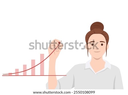 Businesswoman drawing graph with arrow going up. Flat vector illustration isolated on white background