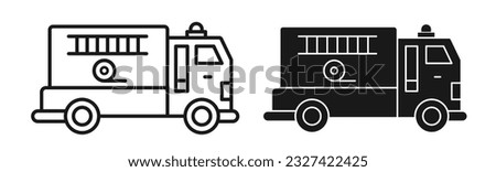 Fire emergency firetruck icon set. Black fire truck with ladder silhouette and line icon.