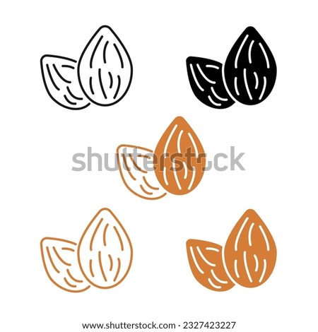 Almond nut vector icon set in line and fill style. Almond nut set in black and brown color