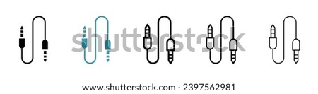 Audio Cable vector illustration set. Microphone jack cord symbol. Guitar aux plug sign. Music headphone wire sign in black color.