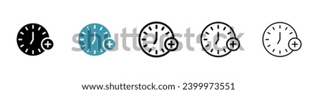 Plus hours sign set. Extra hour overtime clock and plus sign for UI designs.