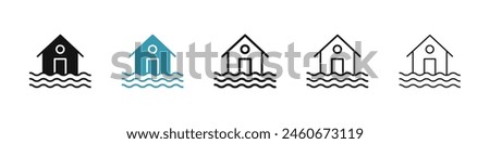 House flood icon set. River water natural disaster damage home vector icon. Tsunami disaster sign for UI designs.