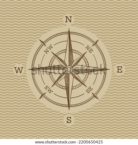 Wind Rose vintage compass with wave background