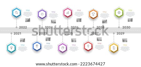Infographic timeline hexagon 10 years. planning 10 years ahead. Milestone 10 years. 10 years anniversary.
