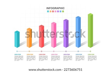 7 Bar chart 3D graph timeline business statistics. The report, Presentation, Data, Milestone, and Infographic. Vector illustration.