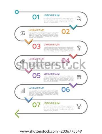 Vertical infographic timeline 7 steps to success. Infographic thin line. Milestone, Roadmap, Timeline. Vector illustration.