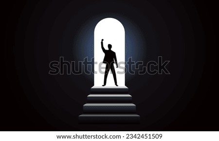Businessmen go through gloomy obstacles to success. Light at the end of the tunnel. Vector illustration.