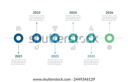 Minimal 6 Steps Infographic Timeline Template Presentation with Circular Elements, Icons and Text Boxes. Vector illustration.