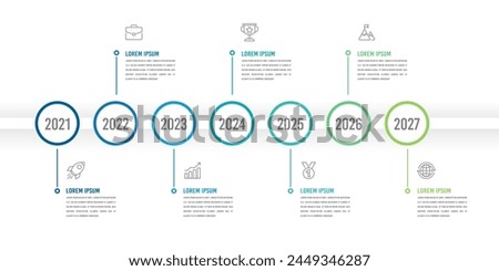 Minimal 7 Steps Infographic Timeline Template Presentation with Circular Elements, Icons and Text Boxes. Vector illustration.