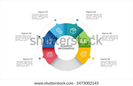 Business visualization infographic circle design template with 6 options, steps or processes. Business presentation. Vector illustration.