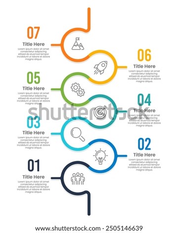 Vertical Infographic 7 Steps to Success. Infographic curve line design template. Business presentation, Planning, Brochure, Marketing and Timeline. Vector illustration.