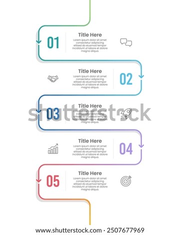 5 Business Process Data. Vertical Infographic Design Templates. Business Presentation, Report, Timeline, Planning, Marketing and Information. Vector Illustration.