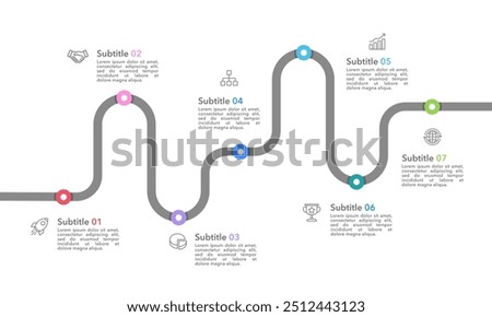 Business Timeline 7 Annual Business Milestones. Infographic roadmap design template. Business Presentation, Planning and Project. Vector Illustration.