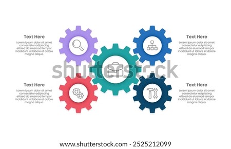 5 parts of business to success. Infographic gears design template. Business presentation, System, Strategy and Plan. Vector illustration.