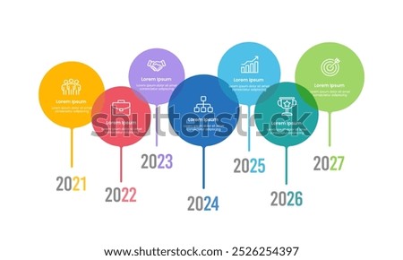 Business Timeline 7 Years Colorful Circle Design Template. Business presentation, Milestones, Anniversary, Planning and Timeline. Vector Illustration.