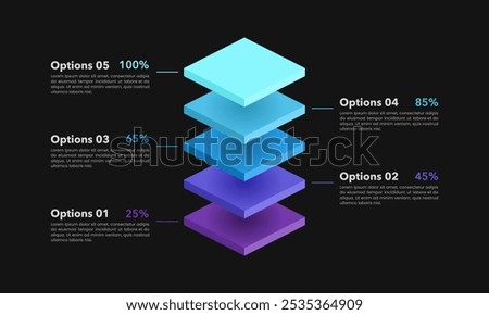 5 steps business growth infographic layer on black background. Business presentation, Banner, Brochure, Report and Strategy. Vector illustration.