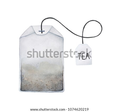 Tea bag watercolour illustration. Filter paper, string, square label and word 