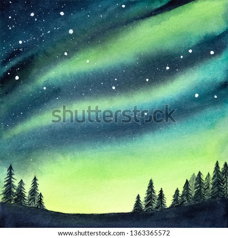 Watercolour illustration of peaceful serene spruce forest under colorful northern lights and night starry sky. Handdrawn water color gradient drawing, backdrop for creative design, print, wallpaper.