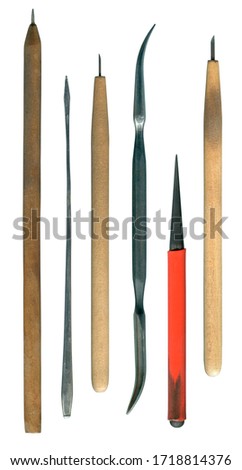Set of etching printmaking graphic art tools various needles and duble curved burnisher Stockfoto © 