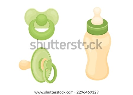 Illustration of baby pacifiers and bottles, baby items. Cute baby shower clipart or print for invitations, greeting cards, posters, etc	