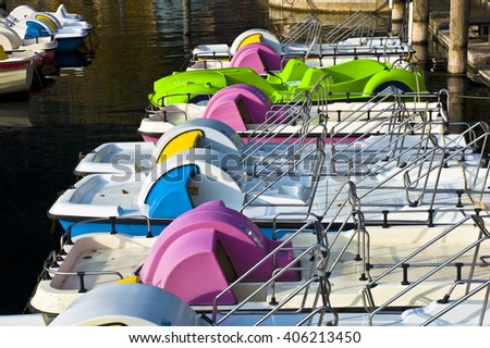 Similar – Image, Stock Photo colourful pedal boats lying on the beach of Mallorca