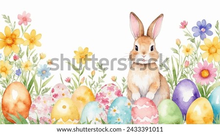 Happy easter card, watercolor vector of cute Easter rabbit, eggs, and spring flowers. Spring pastel colors illustration.