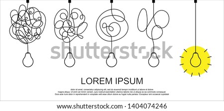 Simplifying the complex, confusion clarity or path vector idea concept with lightbulbs. Simplification streamlining process, straight and curve vector illustration