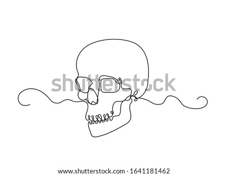 Continuous thin line human skull vector illustration, minimalist cranium sketch doodle. One line art scull icon, single outline drawing or simple skull logo