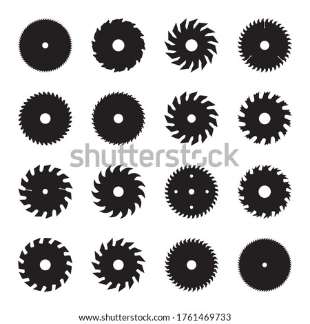 Circular saw blade icon collection. Rotary cutter symbols. Cutting disk signs, circle blades silhouettes, woodworking logos, rotary graphic element vector illustration