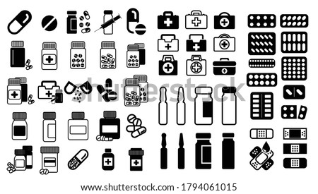 Medical pills icons, vaccine and drugs symbols, pharmacy signs. Doctors bag silhouettes, medical suitcase vector elements, medicine handbags, first aid kit and medical ampoules shapes