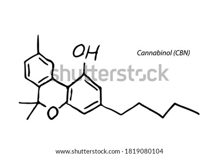 Cannabinol molecule formula. Hand drawn imitation of tetrahydrocannabinol structural model, CBN chemistry skeletal formula, thc vector icon symbol