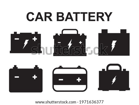 Battery car icon collection. Accumulator symbol, electric vehicle batteries silhouette, electromobile service vector pictogram isolated